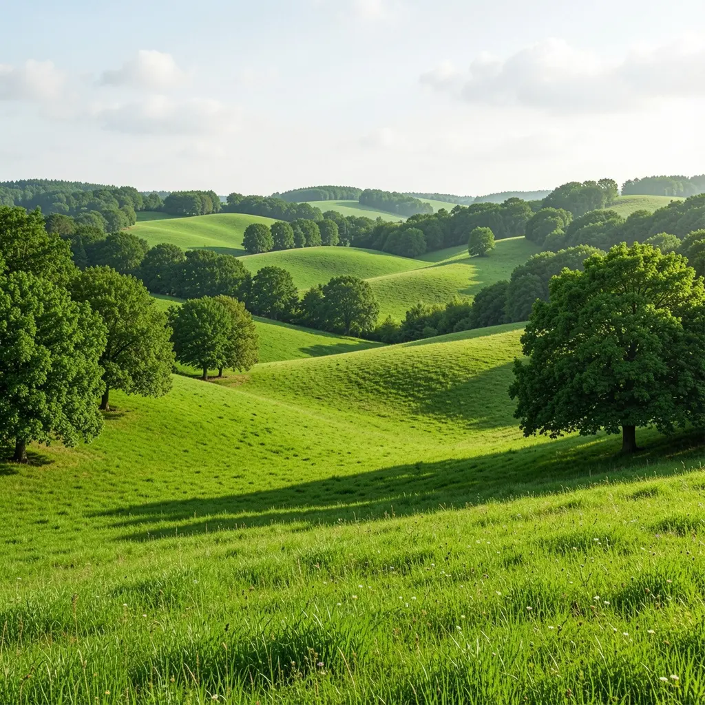 Sustainable green landscape with rolling hills and trees